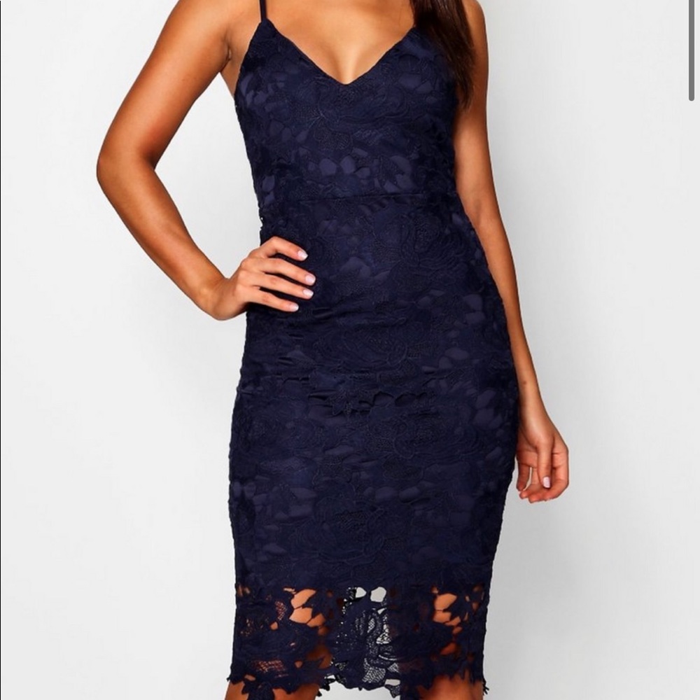 BooHoo Lace knee length dress (dark navy blue)